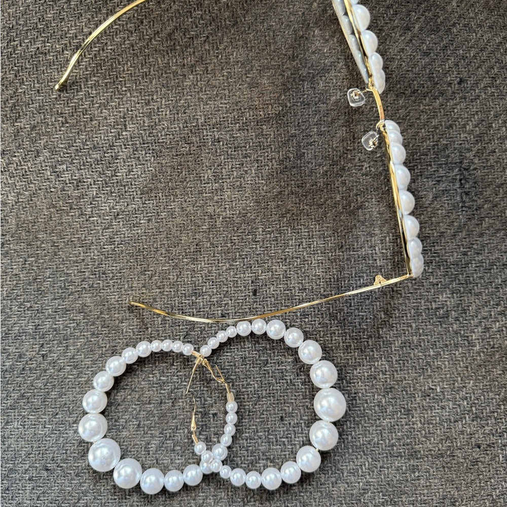 Pearl-Embellished Round Sunglasses and Earrings Set - Picture 3 of 5